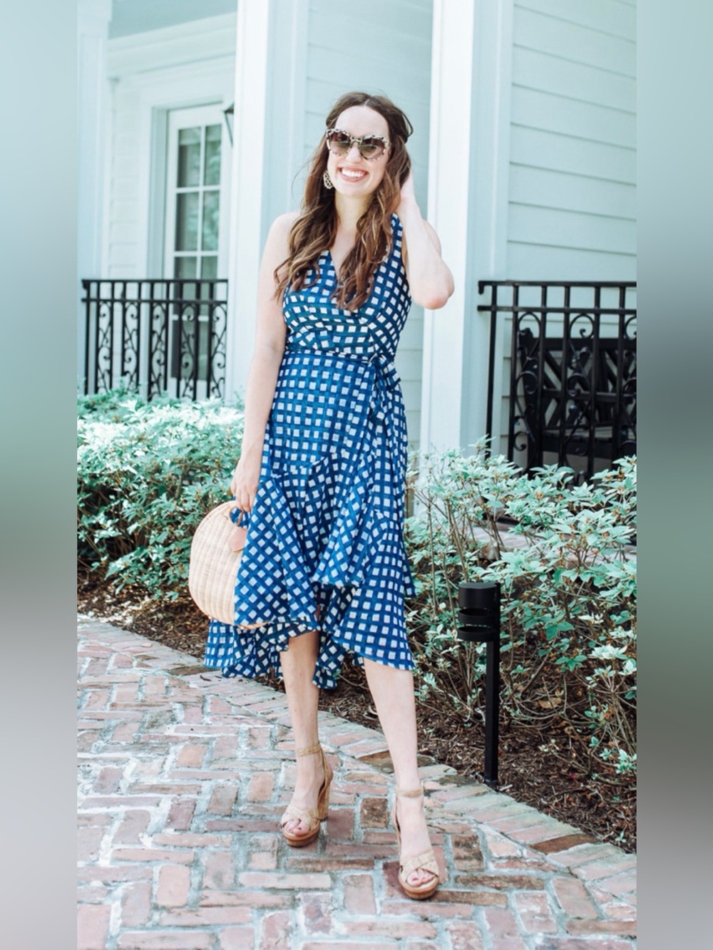 Eliza J Women’s Blue White Gingham Ruffle Hem High Low Faux Wrap Dress Size 8